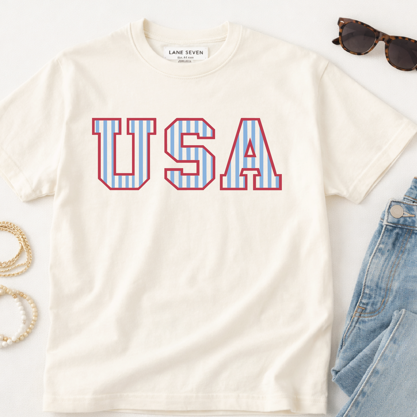 USA striped Block Letters Tee
