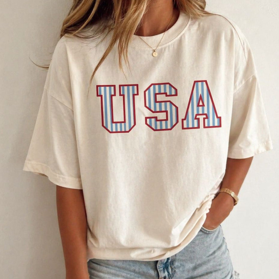 USA striped Block Letters Tee