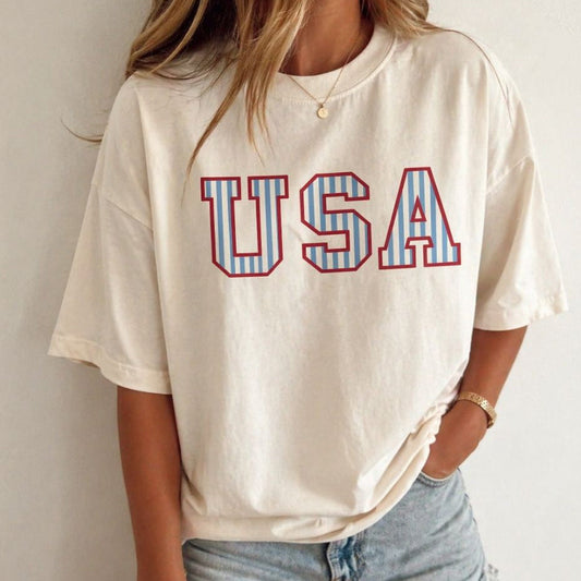 USA striped Block Letters Tee