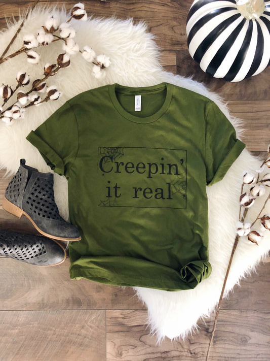 Creepin it real Kids short sleeve halloween tee Bella Canvas 3001 Olive