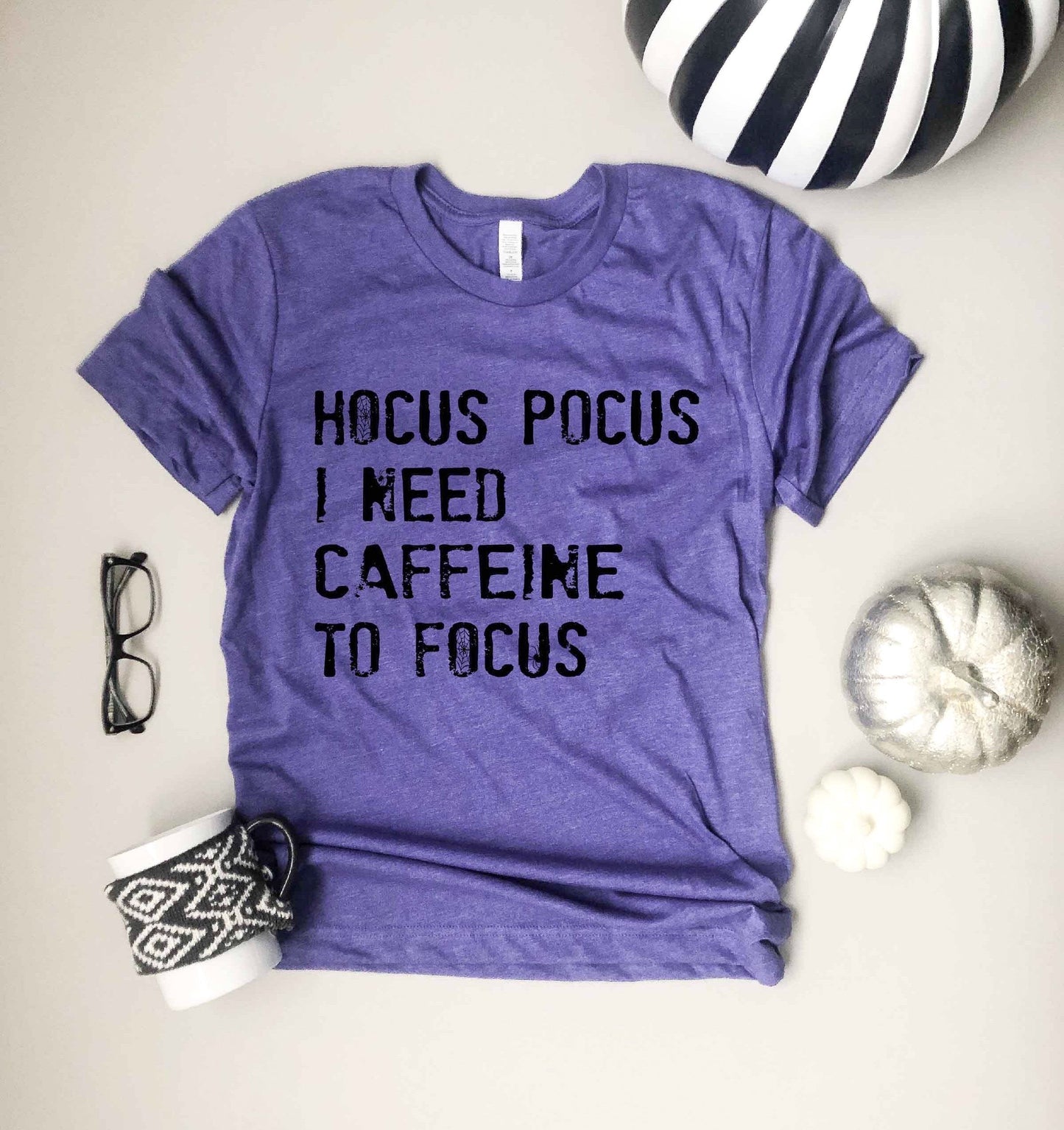 Hocus Pocus I need caffeine to focus Short Sleeve halloween tee Bella Canvas 3001 XS Heather purple